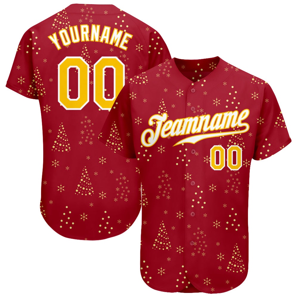Red Gold-White Christmas 3D Authentic Baseball Jersey, Custom Baseball Jersey, Personalized Sport Jersey