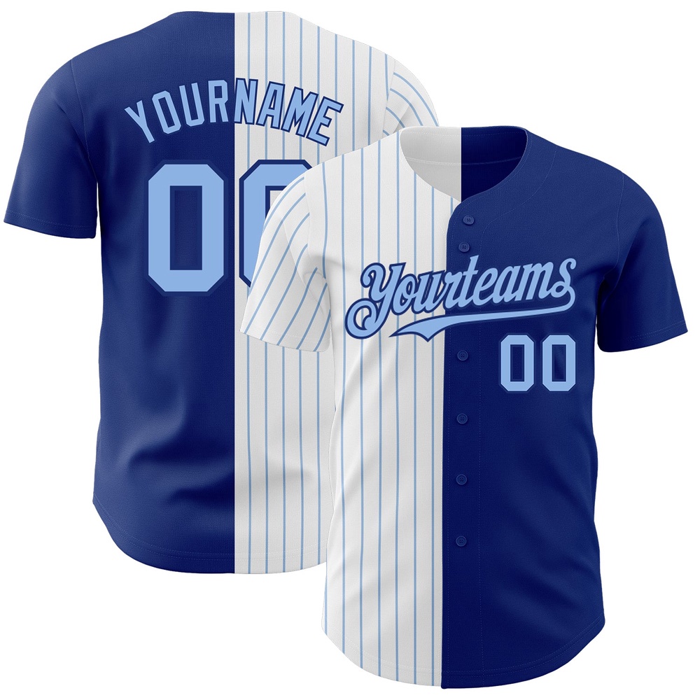 Royal White-Light Blue Pinstripe Authentic Split Fashion Baseball Jersey, Custom Baseball Jersey, Personalized Sport Jersey