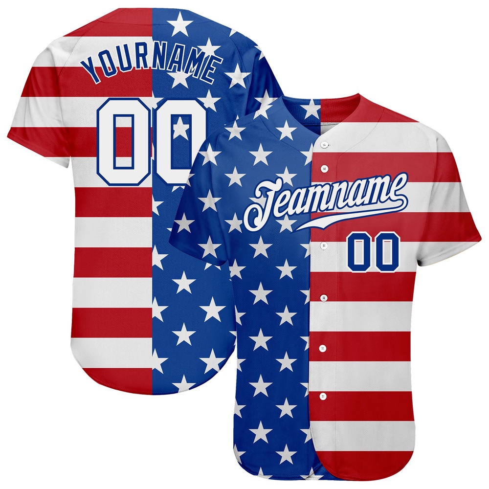Royal White-Red American Flag Fashion Authentic Baseball Jersey, Custom Baseball Jersey, Personalized Sport Jersey