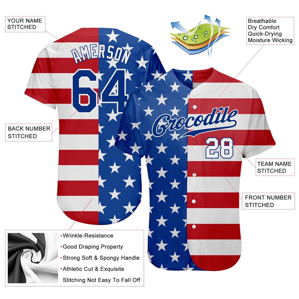 Royal White-Red American Flag Fashion Authentic Baseball Jersey, Custom Baseball Jersey, Personalized Sport Jersey