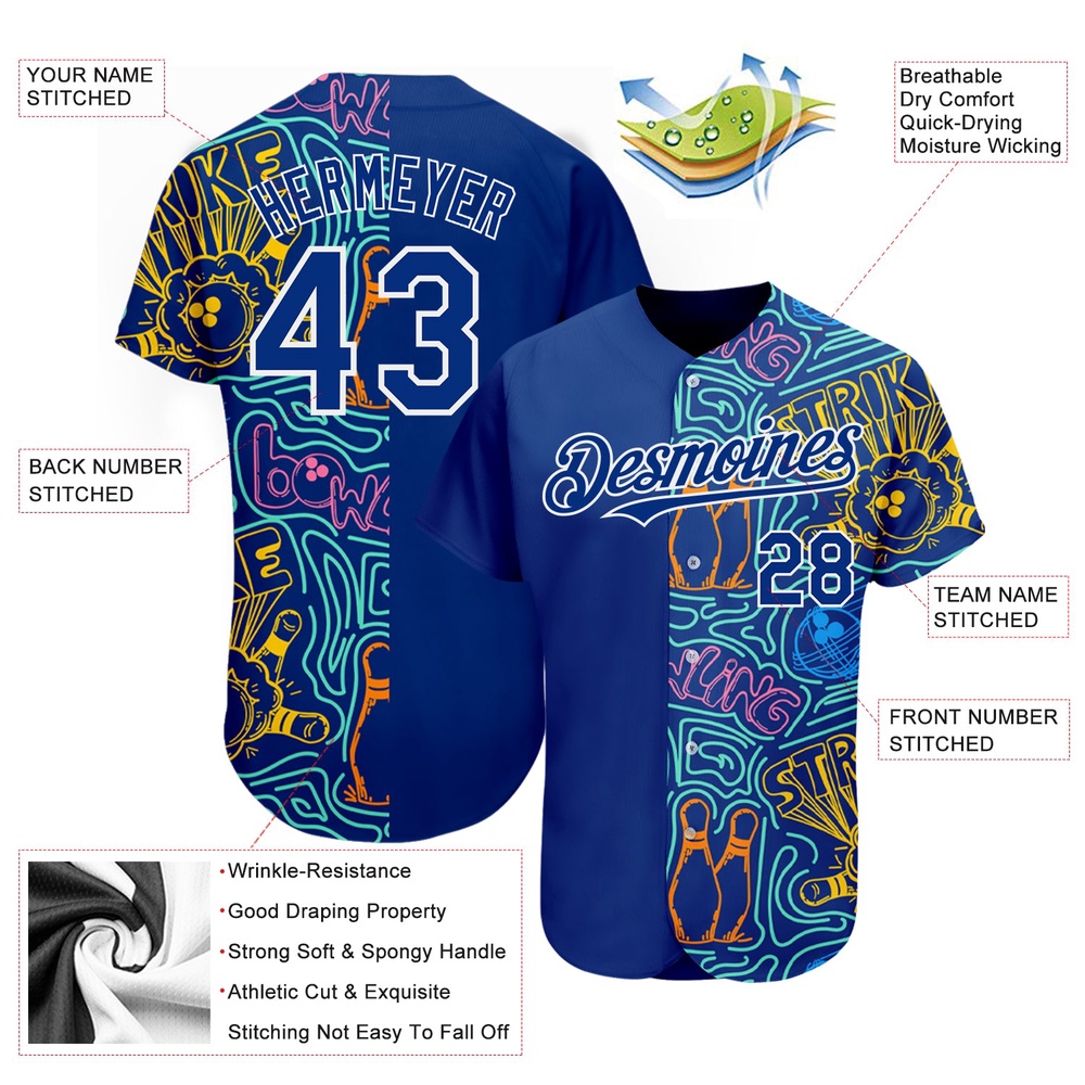 Royal White 3D Pattern Design Bowling Authentic Baseball Jersey, Custom Baseball Jersey, Personalized Sport Jersey