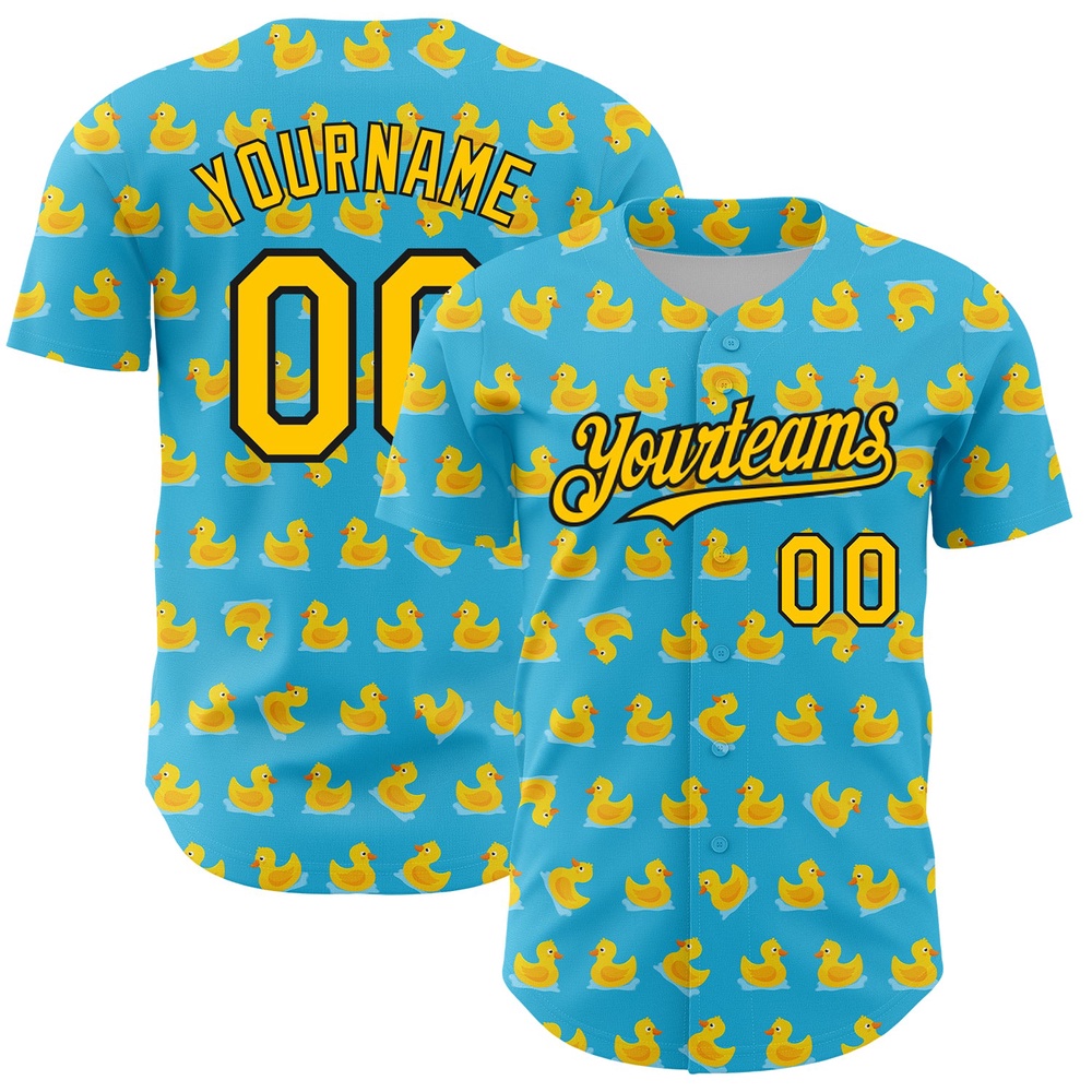 Sky Blue Yellow-Black 3D Pattern Design Duck Authentic Baseball Jersey, Custom Baseball Jersey, Personalized Sport Jersey