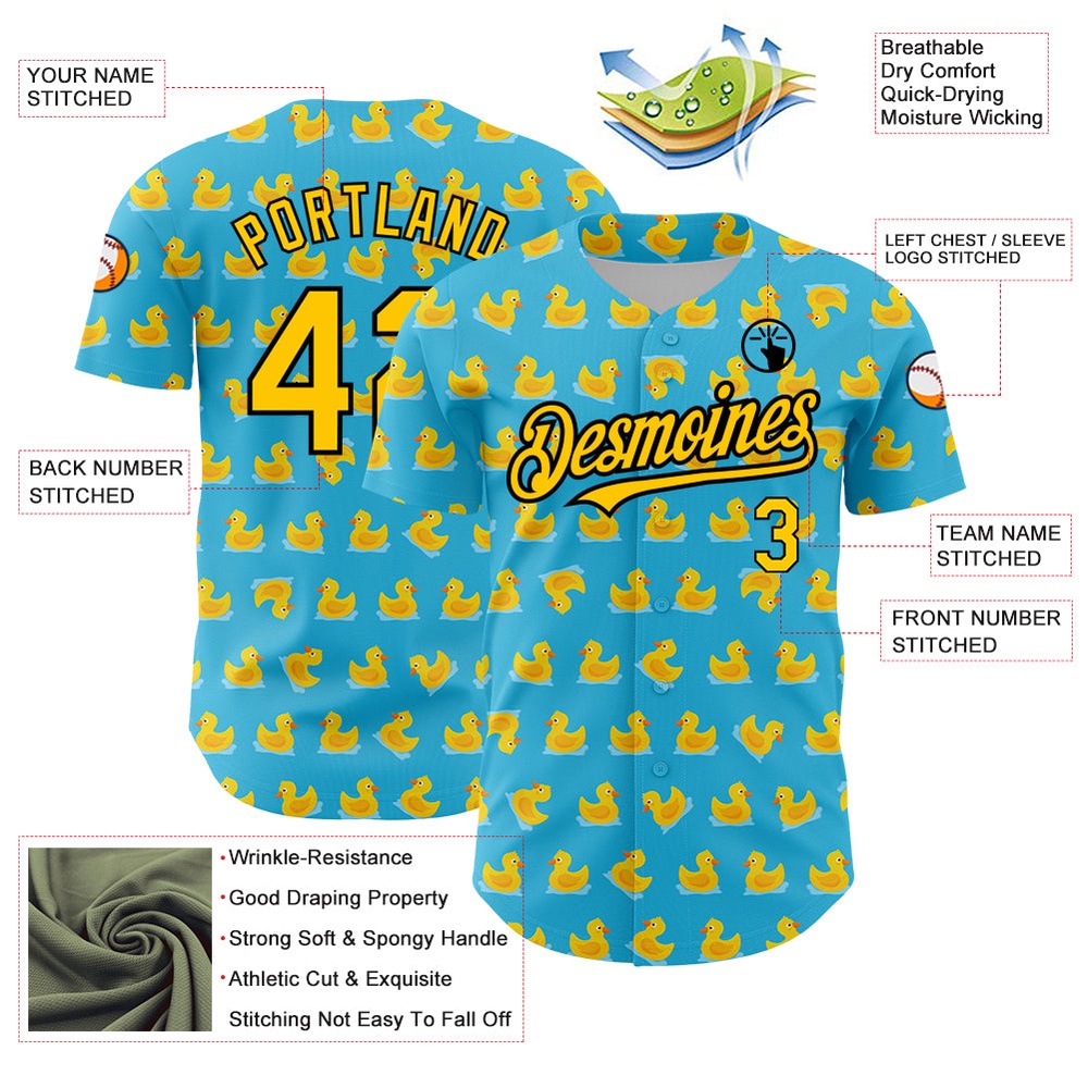 Sky Blue Yellow-Black 3D Pattern Design Duck Authentic Baseball Jersey, Custom Baseball Jersey, Personalized Sport Jersey