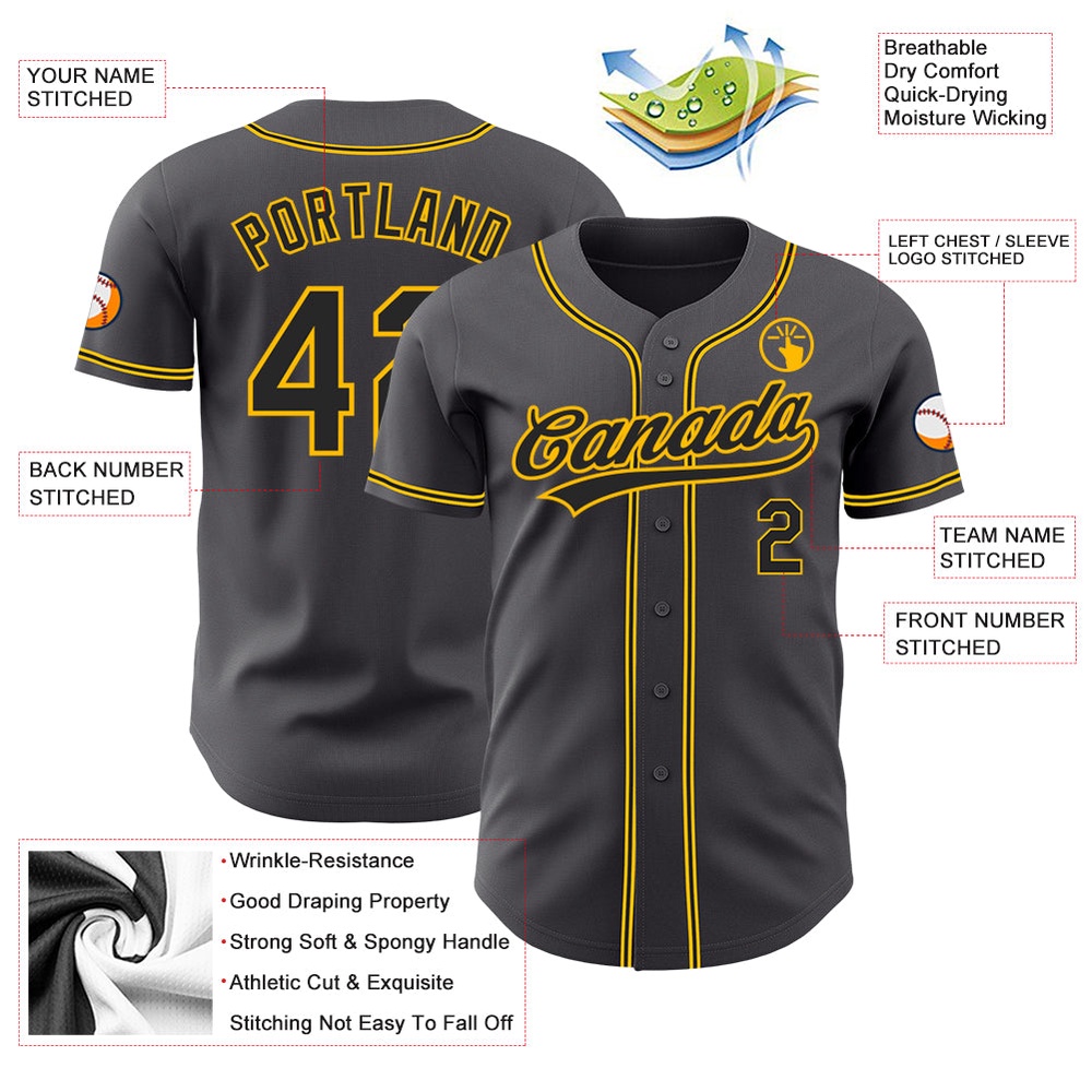 Steel Gray Black-Gold Authentic Baseball Jersey, Custom Baseball Jersey, Personalized Sport Jersey