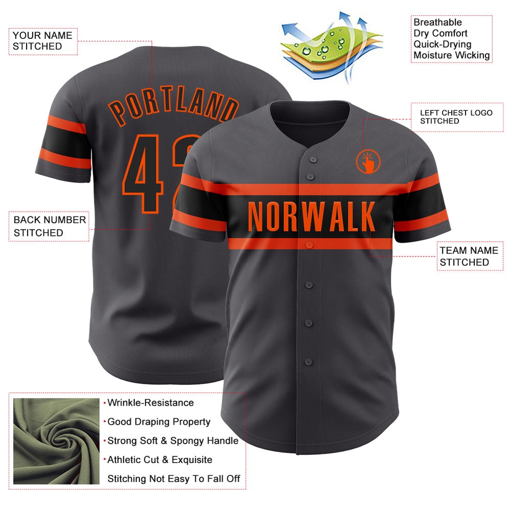 Steel Gray Black-Orange Authentic Baseball Jersey, Custom Baseball Jersey, Personalized Sport Jersey