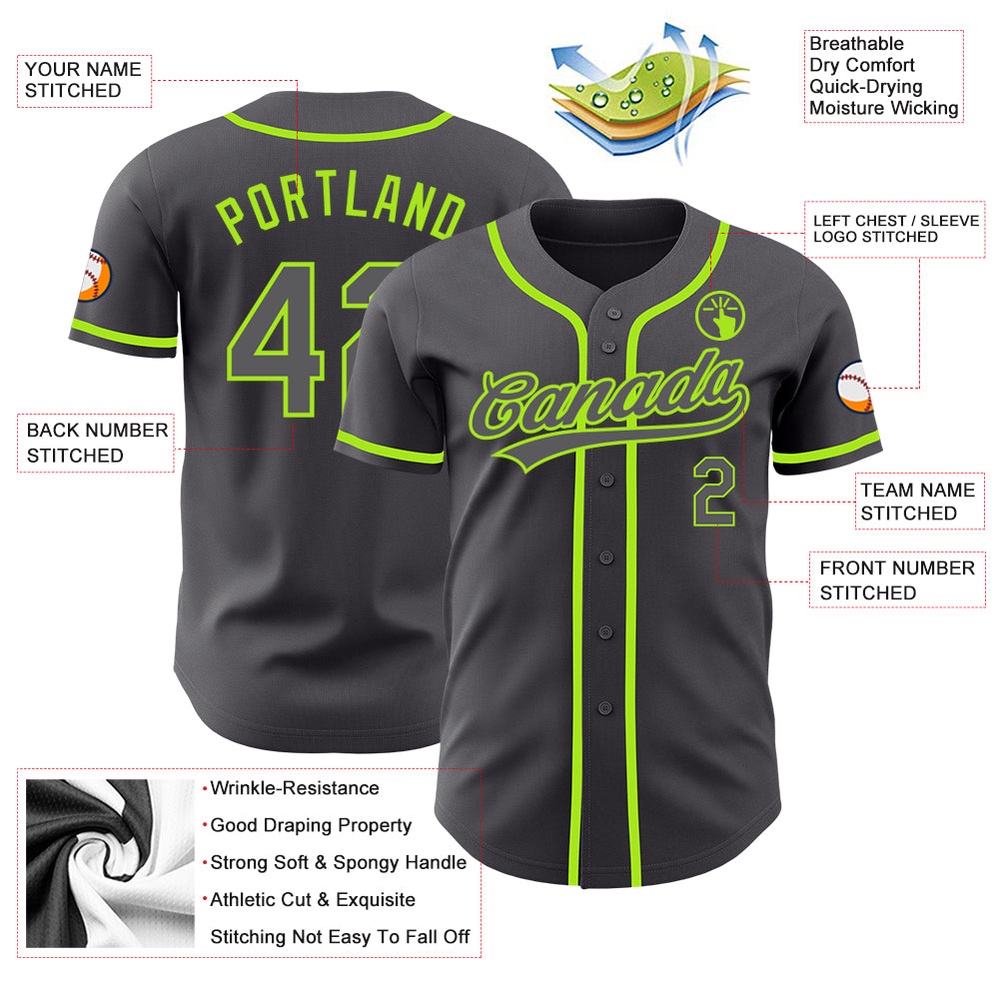 Steel Gray Neon Green Authentic Baseball Jersey, Custom Baseball Jersey, Personalized Sport Jersey