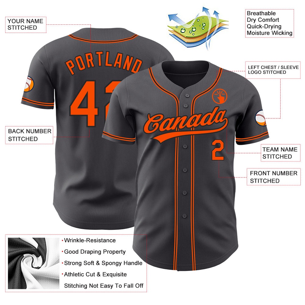 Steel Gray Orange-Black Authentic Baseball Jersey, Custom Baseball Jersey, Personalized Sport Jersey