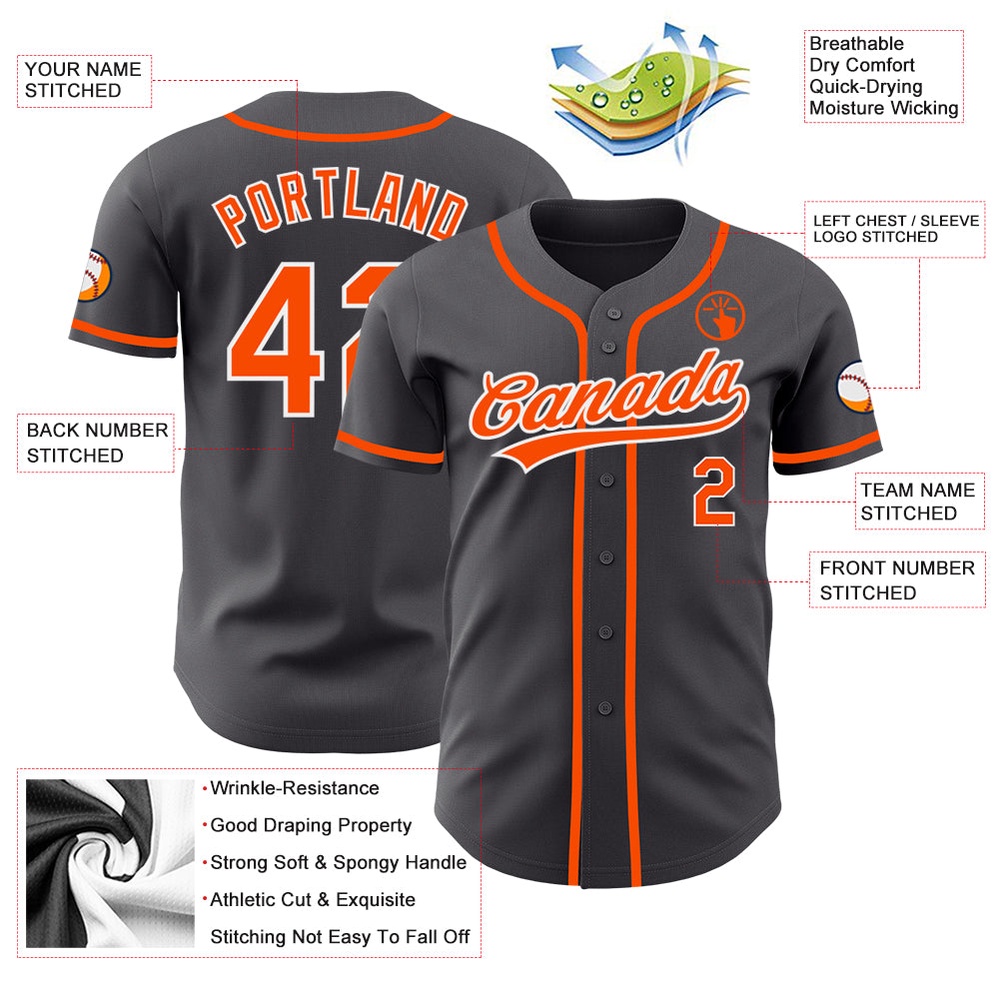 Steel Gray Orange-White Authentic Baseball Jersey, Custom Baseball Jersey, Personalized Sport Jersey