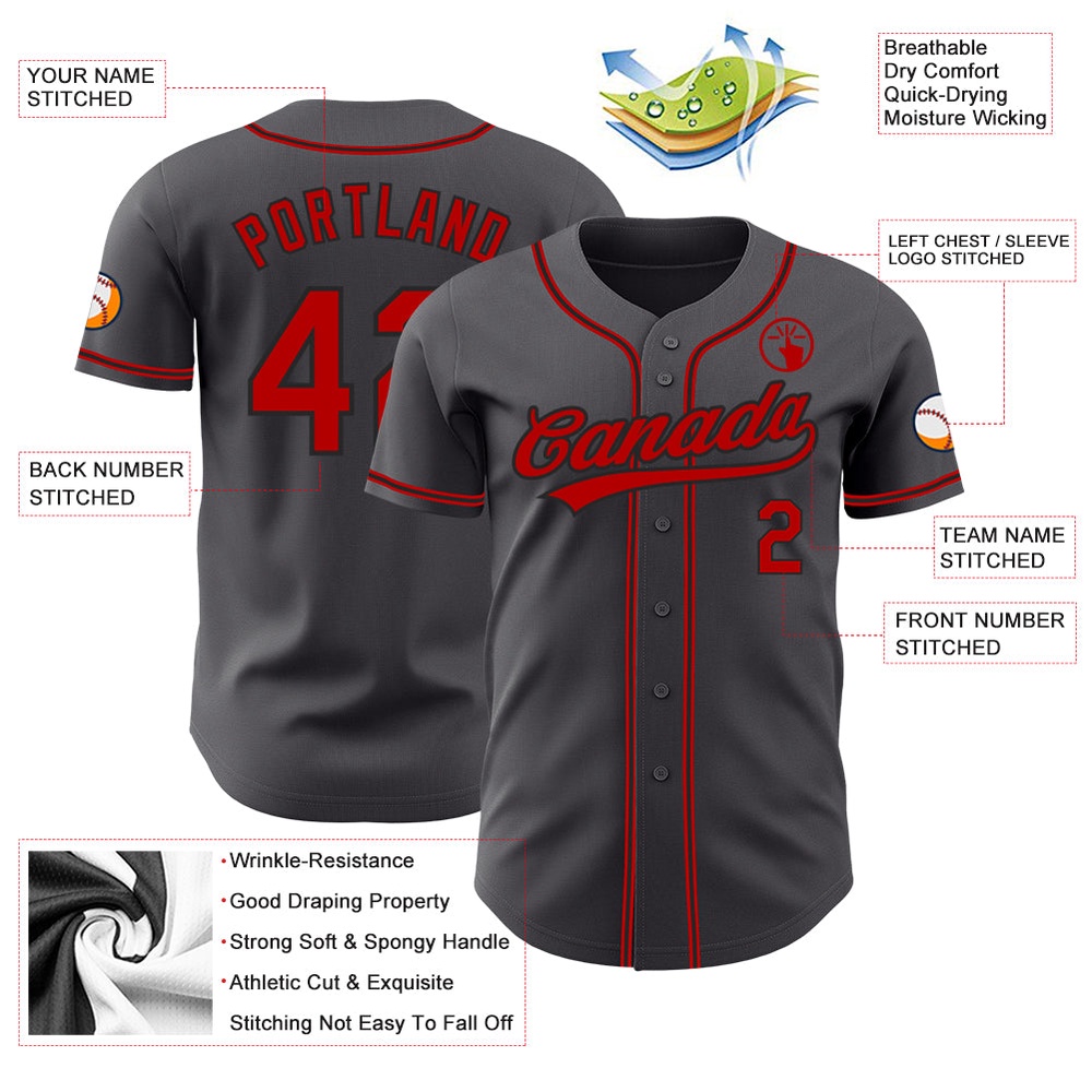 Steel Gray Red-Black Authentic Baseball Jersey, Custom Baseball Jersey, Personalized Sport Jersey