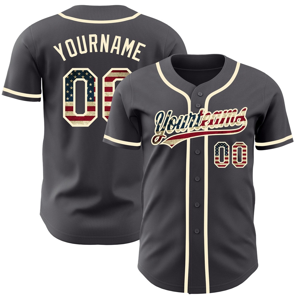 Steel Gray Vintage USA Flag-Cream Authentic Baseball Jersey, Custom Baseball Jersey, Personalized Sport Jersey