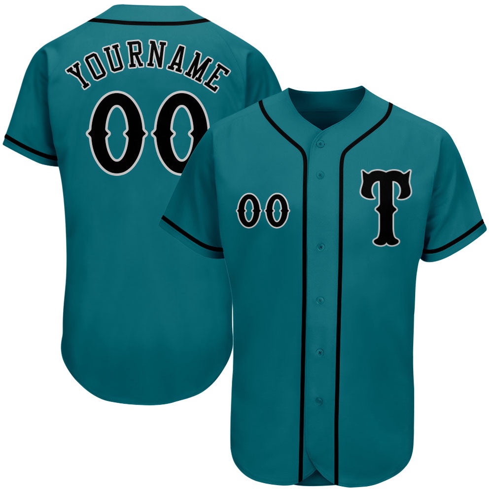 Teal Black-Gray Authentic Baseball Jersey, Custom Baseball Jersey, Personalized Sport Jersey