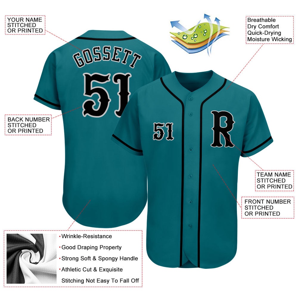 Teal Black-Gray Authentic Baseball Jersey, Custom Baseball Jersey, Personalized Sport Jersey