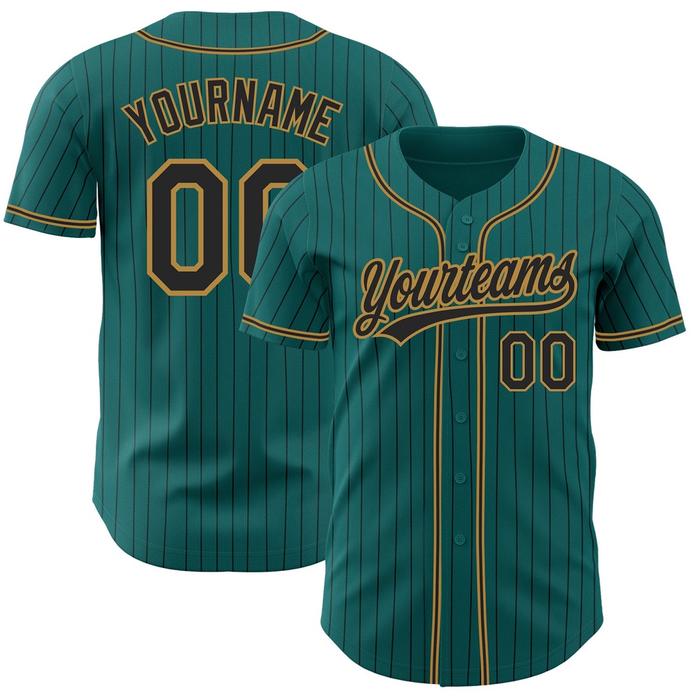 Teal Black Pinstripe Black-Old Gold Authentic Baseball Jersey, Custom Baseball Jersey, Personalized Sport Jersey