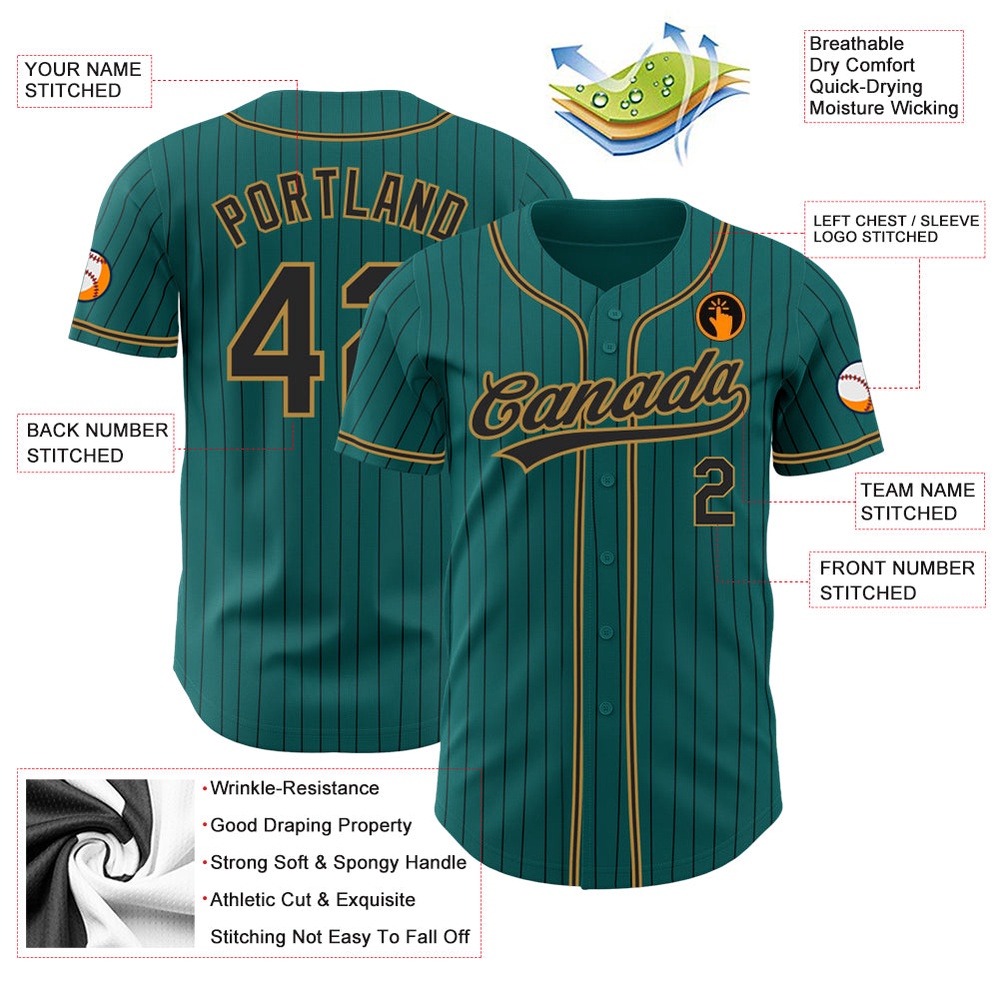 Teal Black Pinstripe Black-Old Gold Authentic Baseball Jersey, Custom Baseball Jersey, Personalized Sport Jersey