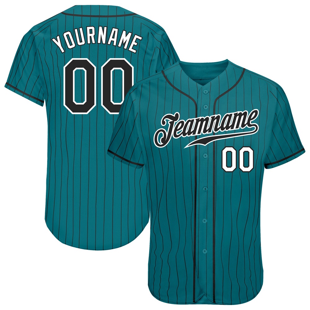 Teal Black Pinstripe Black-White Authentic Baseball Jersey, Custom Baseball Jersey, Personalized Sport Jersey