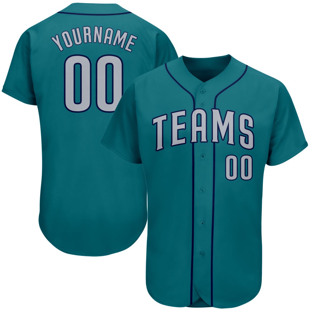 Teal Gray-Navy Authentic Baseball Jersey, Custom Baseball Jersey, Personalized Sport Jersey