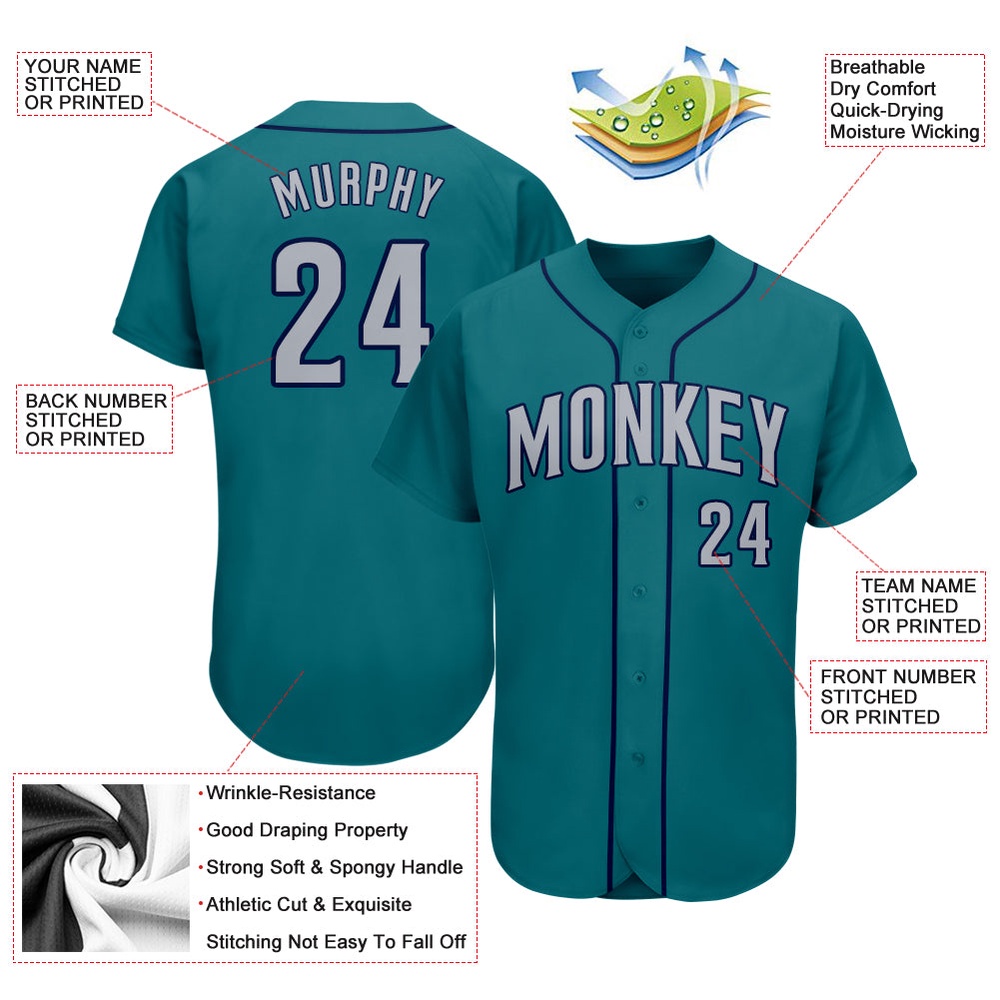 Teal Gray-Navy Authentic Baseball Jersey, Custom Baseball Jersey, Personalized Sport Jersey