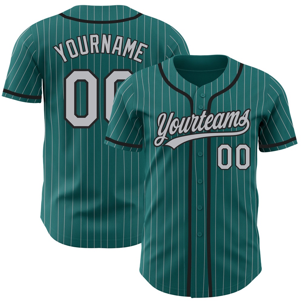 Teal Gray Pinstripe Black Authentic Baseball Jersey, Custom Baseball Jersey, Personalized Sport Jersey