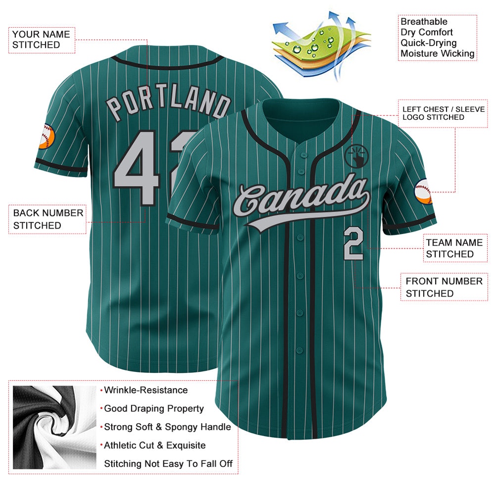 Teal Gray Pinstripe Black Authentic Baseball Jersey, Custom Baseball Jersey, Personalized Sport Jersey