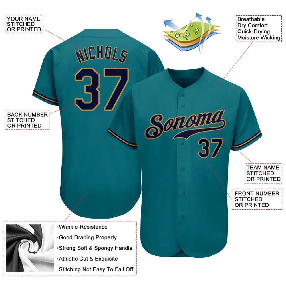 Teal Navy-Old Gold Authentic Baseball Jersey, Custom Baseball Jersey, Personalized Sport Jersey