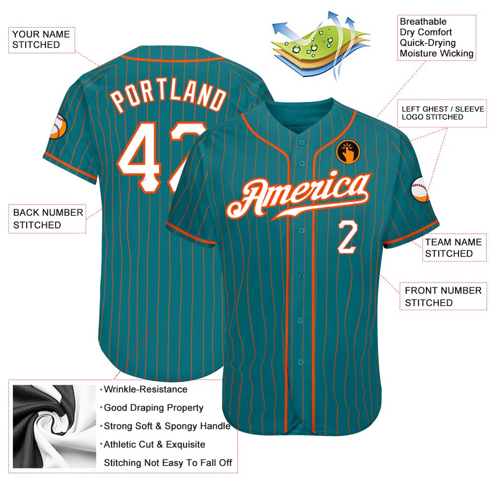 Teal Orange Pinstripe White-Orange Authentic Baseball Jersey, Custom Baseball Jersey, Personalized Sport Jersey