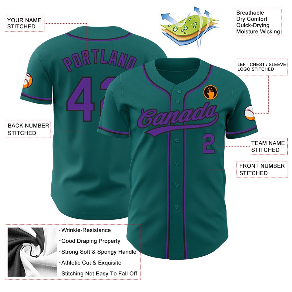 Teal Purple-Black Authentic Baseball Jersey, Custom Baseball Jersey, Personalized Sport Jersey