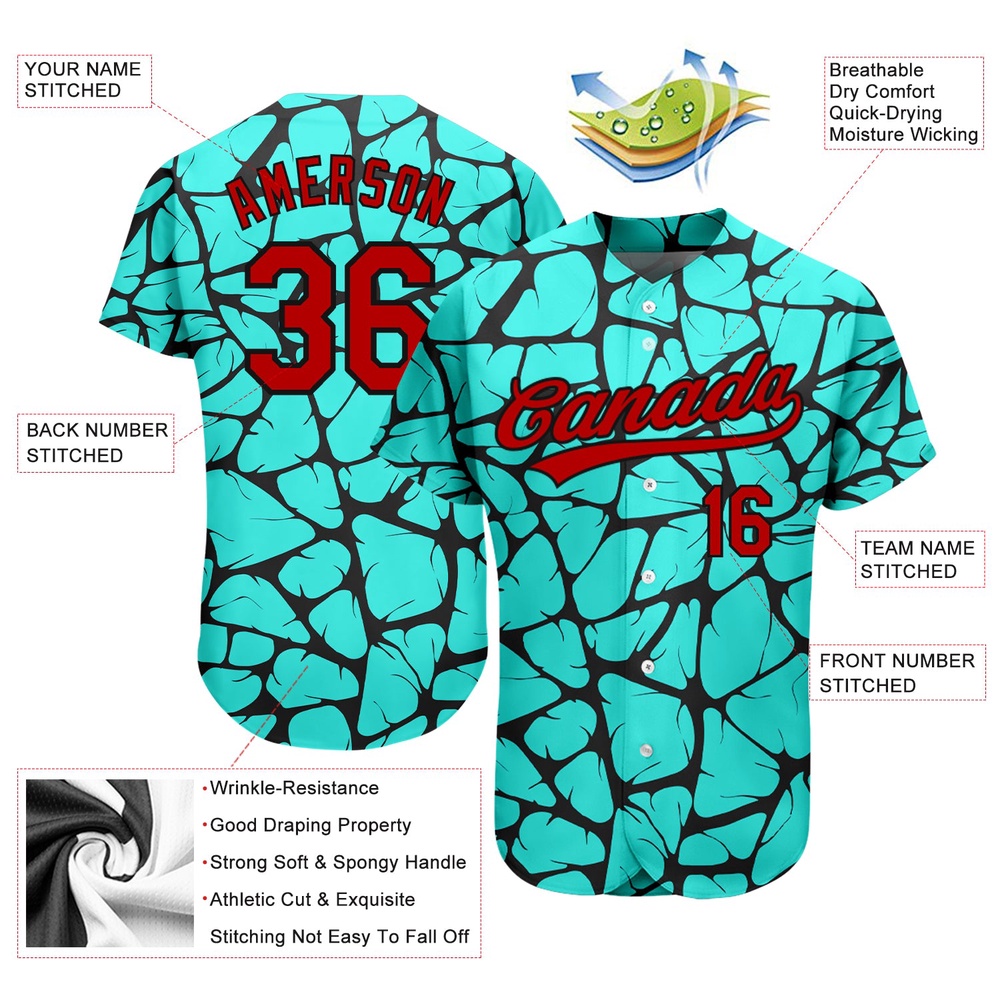 Teal Red-Black 3D Pattern Design Authentic Baseball Jersey, Custom Baseball Jersey, Personalized Sport Jersey