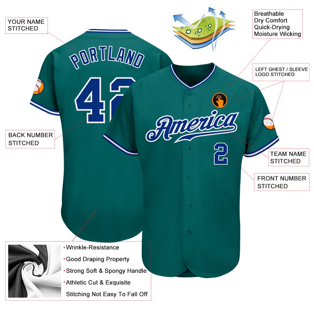Teal Royal-White Authentic Baseball Jersey, Custom Baseball Jersey, Personalized Sport Jersey