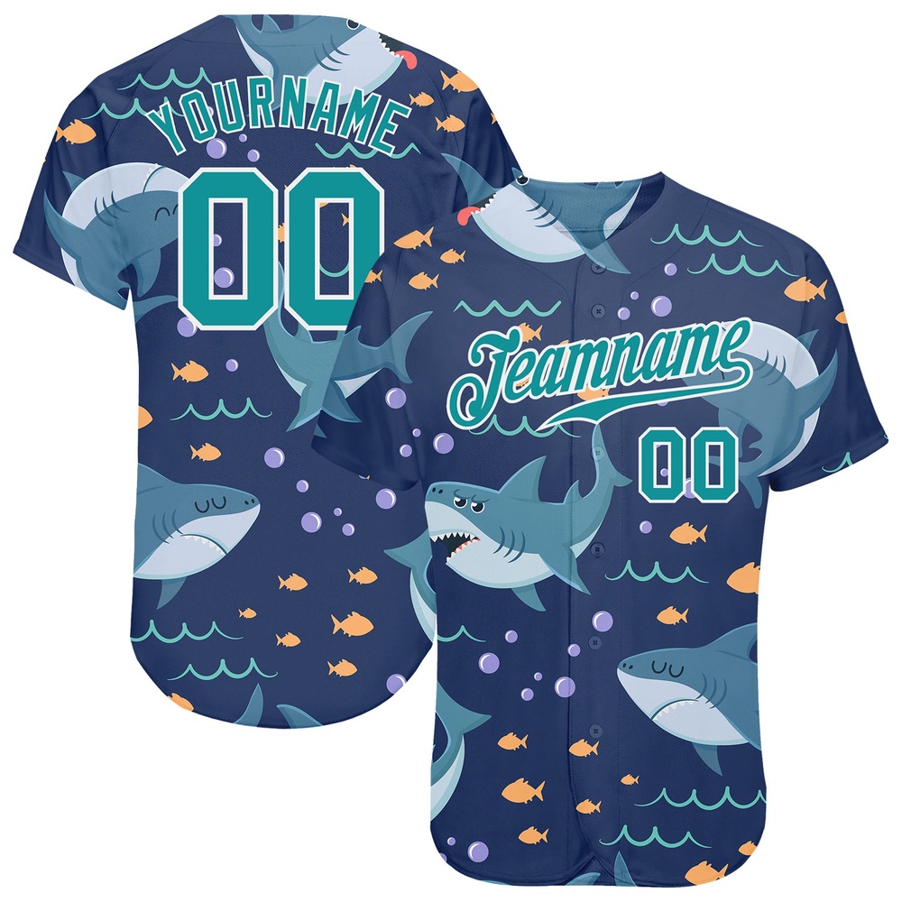 Teal Teal-White 3D Pattern Design Sharks Authentic Baseball Jersey, Custom Baseball Jersey, Personalized Sport Jersey