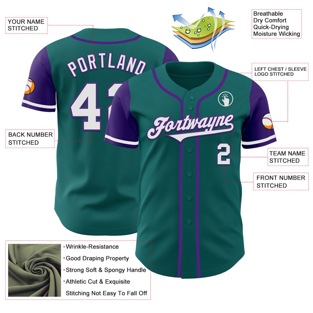 Teal White-Purple Authentic Two Tone Baseball Jersey, Custom Baseball Jersey, Personalized Sport Jersey