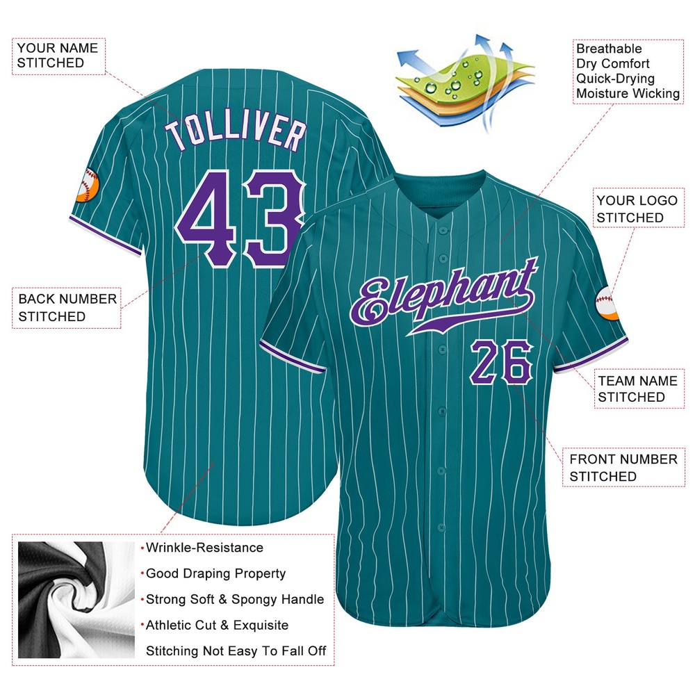 Teal White Pinstripe Purple-White Authentic Baseball Jersey, Custom Baseball Jersey, Personalized Sport Jersey