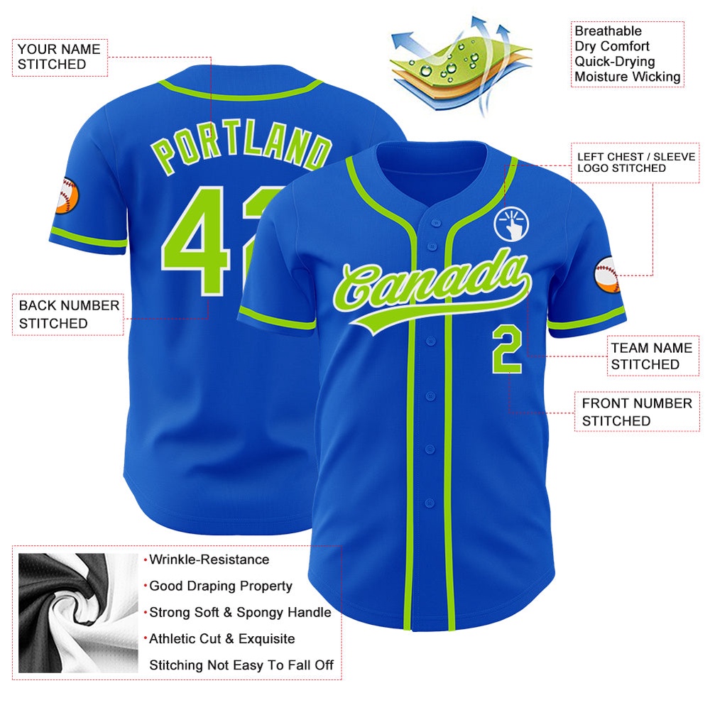 Thunder Blue Neon Green-White Authentic Baseball Jersey, Custom Baseball Jersey, Personalized Sport Jersey