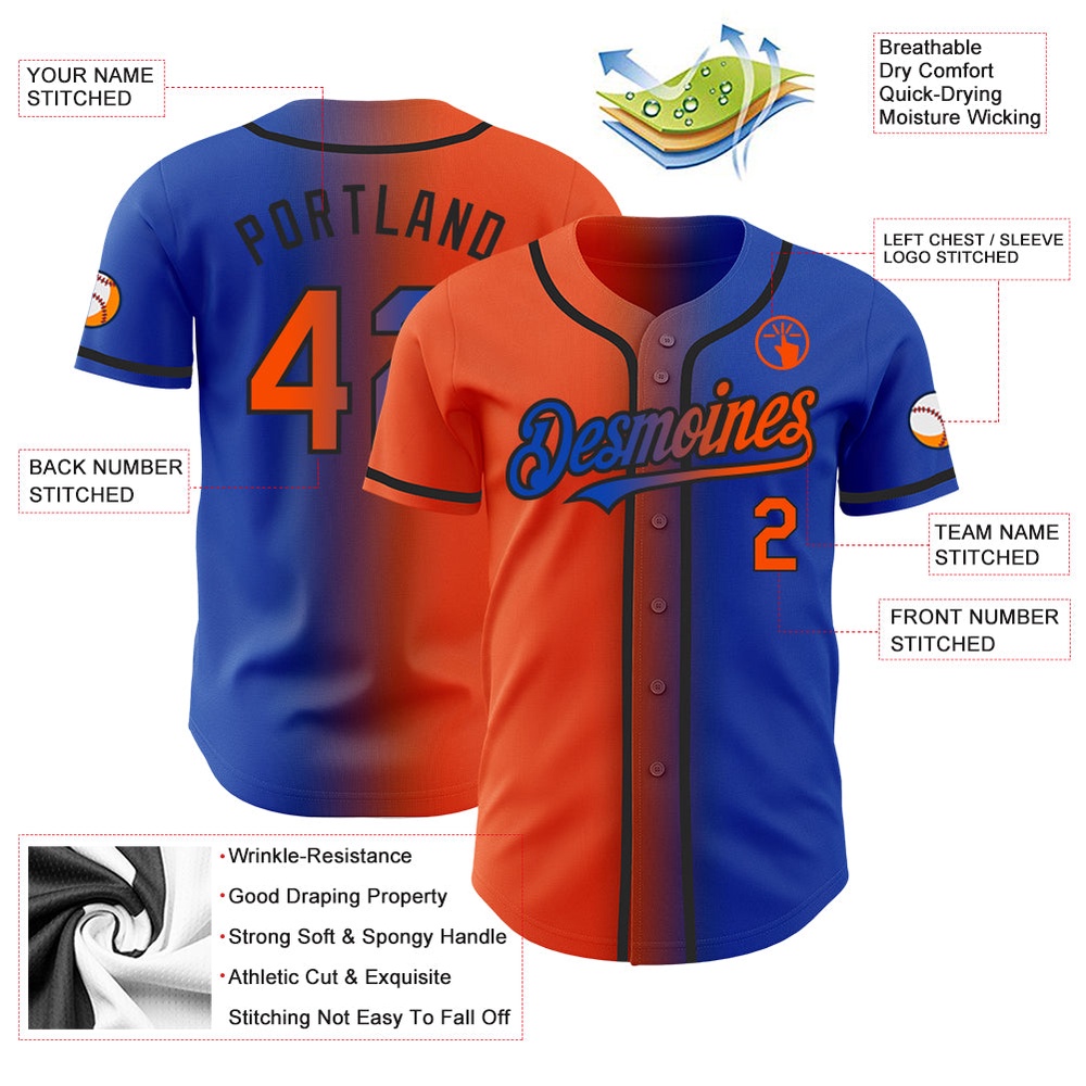 Thunder Blue Orange-Black Authentic Gradient Fashion Baseball Jersey, Custom Baseball Jersey, Personalized Sport Jersey
