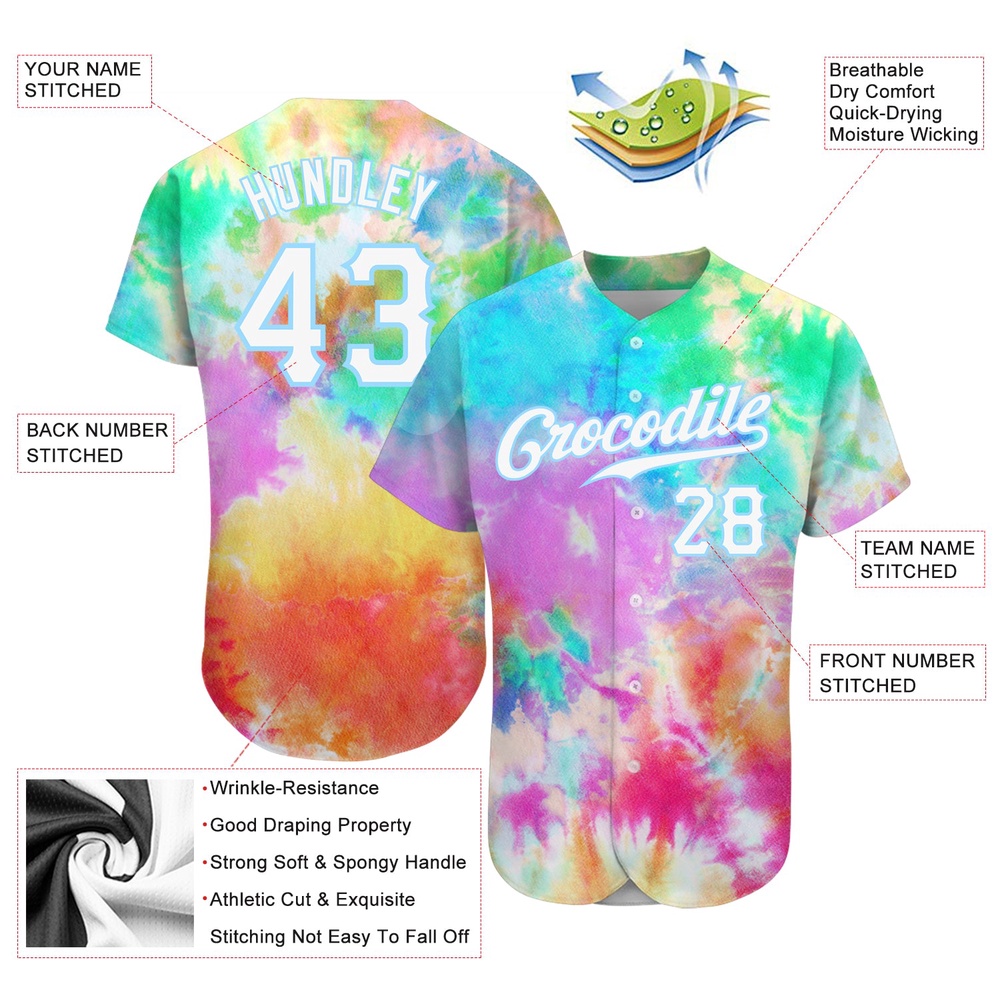 Tie Dye White-Light Blue 3D Rainbow Authentic Baseball Jersey, Custom Baseball Jersey, Personalized Sport Jersey
