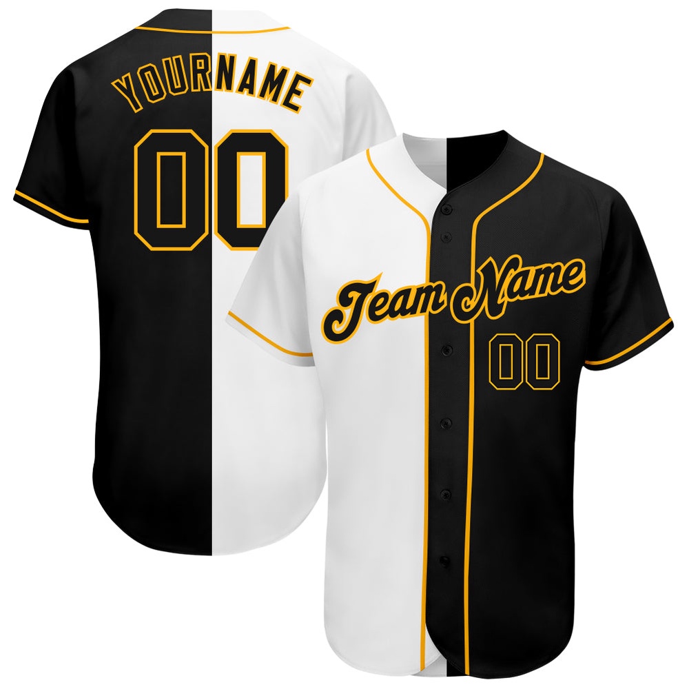 White-Black Gold Authentic Split Fashion Baseball Jersey, Custom Baseball Jersey, Personalized Sport Jersey