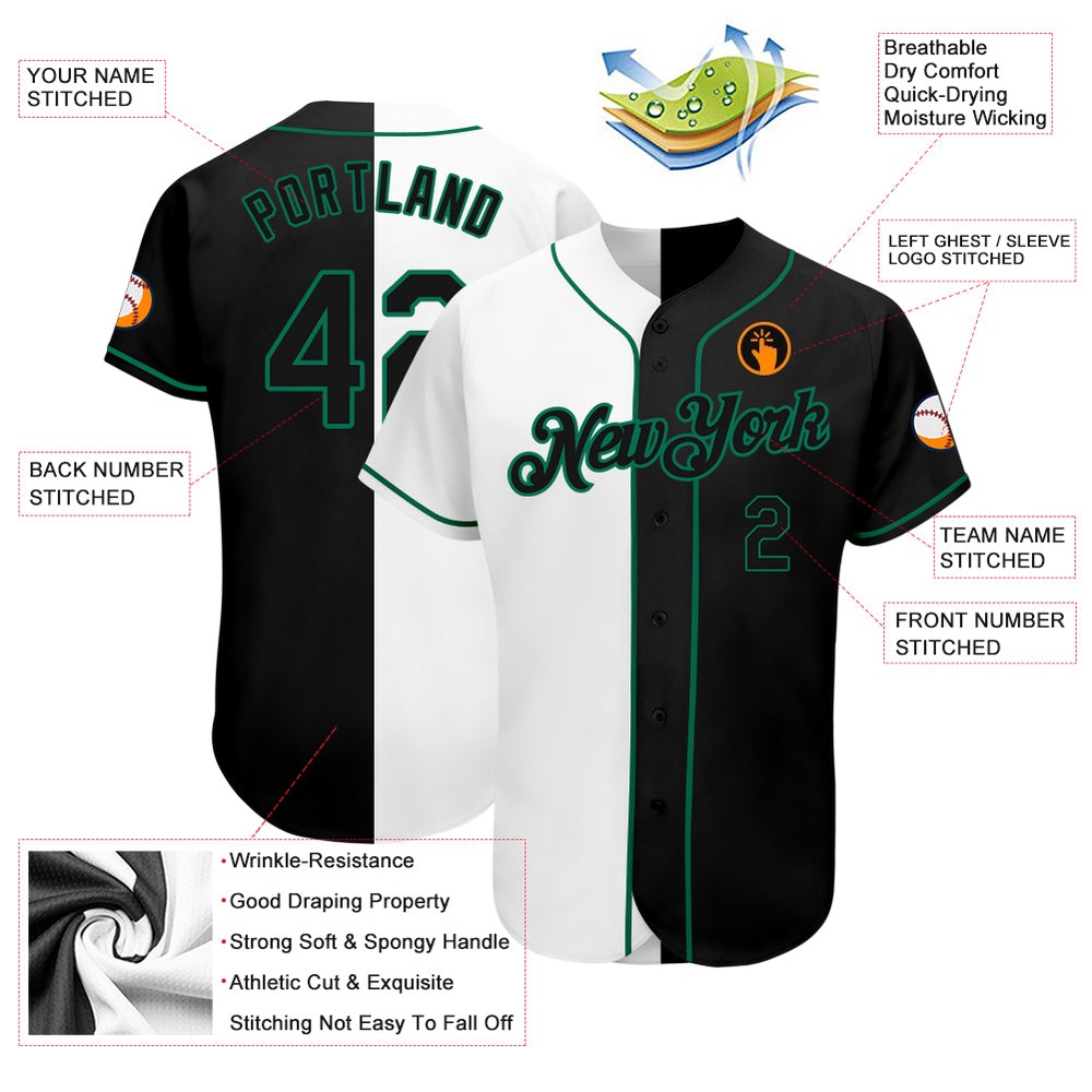White-Black Kelly Green Authentic Split Fashion Baseball Jersey, Custom Baseball Jersey, Personalized Sport Jersey