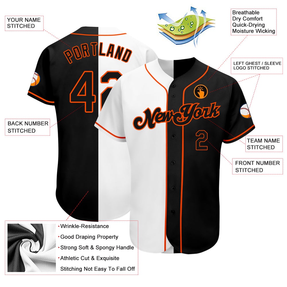 White-Black Orange Authentic Split Fashion Baseball Jersey, Custom Baseball Jersey, Personalized Sport Jersey