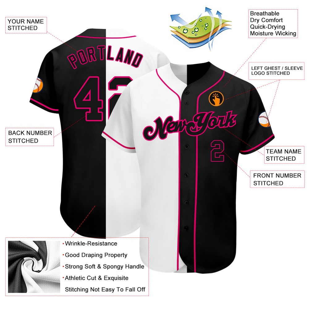 White-Black Pink Authentic Split Fashion Baseball Jersey, Custom Baseball Jersey, Personalized Sport Jersey