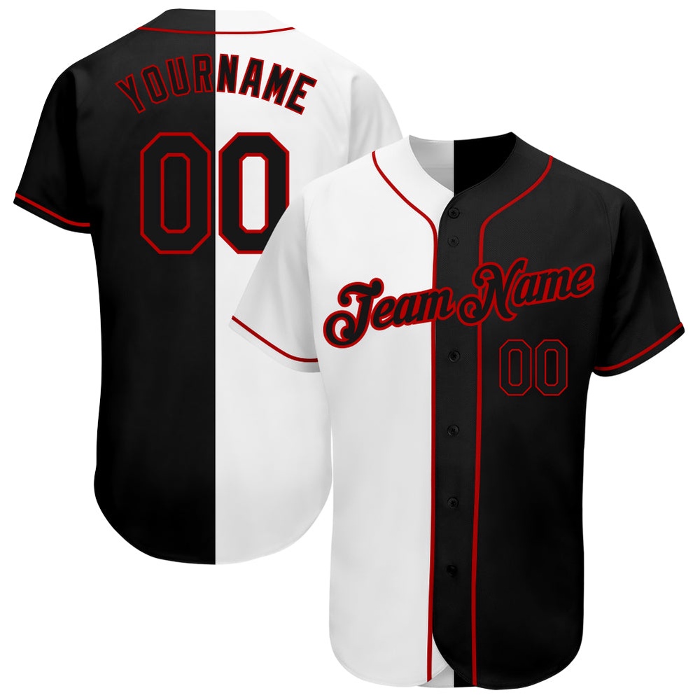 White-Black Red Authentic Split Fashion Baseball Jersey, Custom Baseball Jersey, Personalized Sport Jersey