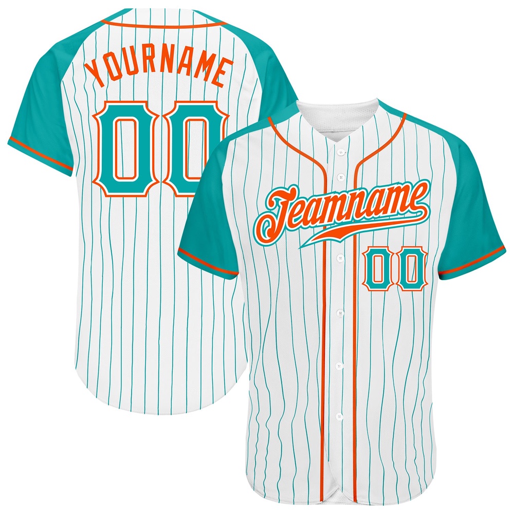 White Aqua Pinstripe Aqua-Orange Authentic Raglan Sleeves Baseball Jersey, Custom Baseball Jersey, Personalized Sport Jersey