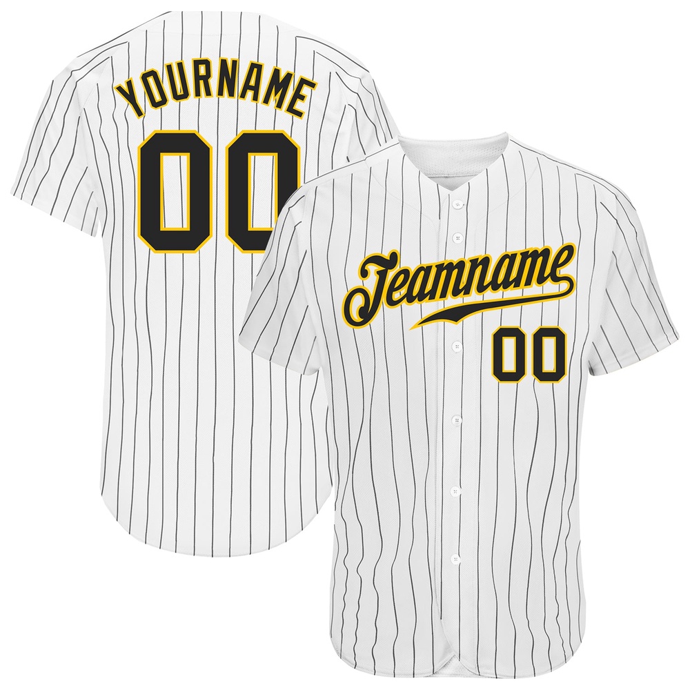 White Black Pinstripe Black-Gold Authentic Baseball Jersey, Custom Baseball Jersey, Personalized Sport Jersey