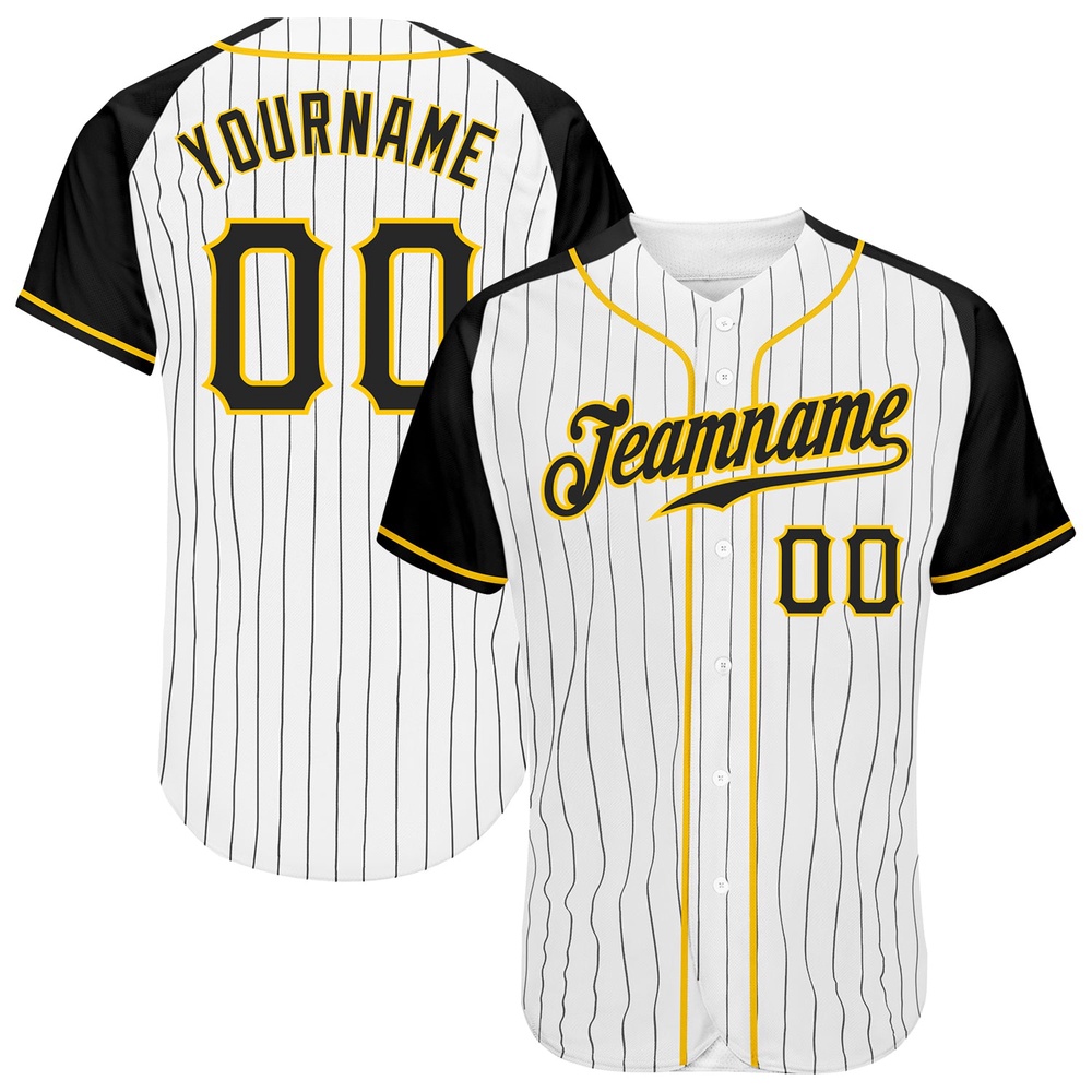 White Black Pinstripe Black-Gold Authentic Raglan Sleeves Baseball Jersey, Custom Baseball Jersey, Personalized Sport Jersey