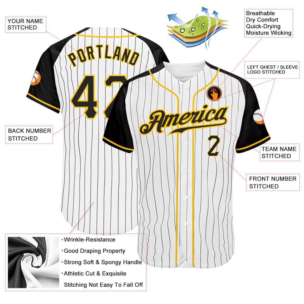 White Black Pinstripe Black-Gold Authentic Raglan Sleeves Baseball Jersey, Custom Baseball Jersey, Personalized Sport Jersey