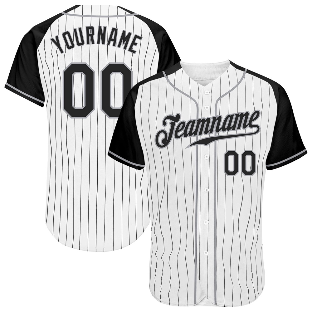 White Black Pinstripe Black-Gray Authentic Raglan Sleeves Baseball Jersey, Custom Baseball Jersey, Personalized Sport Jersey