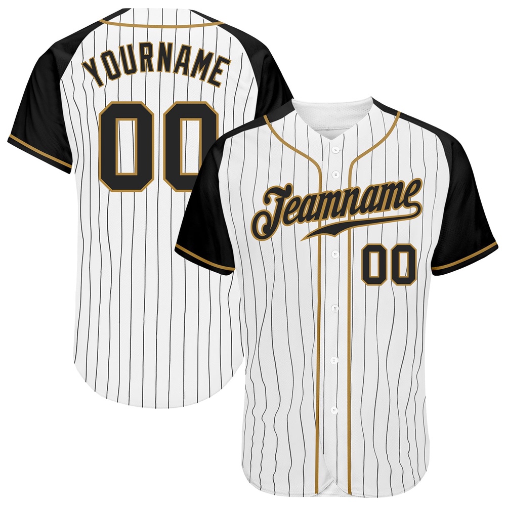 White Black Pinstripe Black-Old Gold Authentic Raglan Sleeves Baseball Jersey, Custom Baseball Jersey, Personalized Sport Jersey