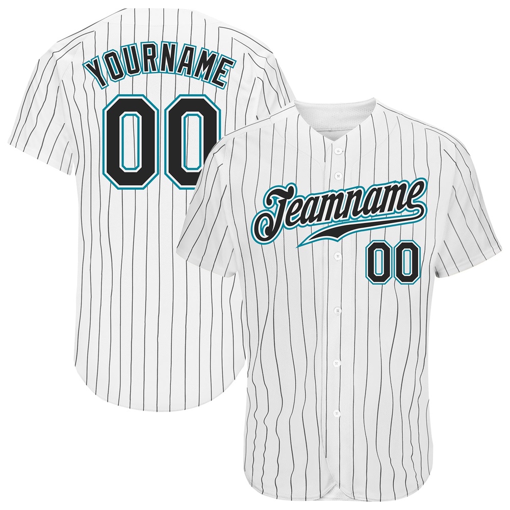 White Black Pinstripe Black-Teal Authentic Baseball Jersey, Custom Baseball Jersey, Personalized Sport Jersey