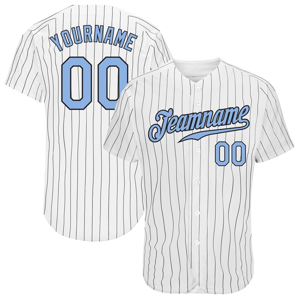 White Black Pinstripe Light Blue-Black Authentic Baseball Jersey, Custom Baseball Jersey, Personalized Sport Jersey