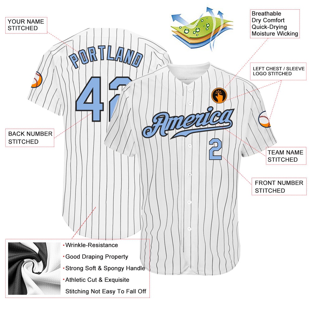 White Black Pinstripe Light Blue-Black Authentic Baseball Jersey, Custom Baseball Jersey, Personalized Sport Jersey