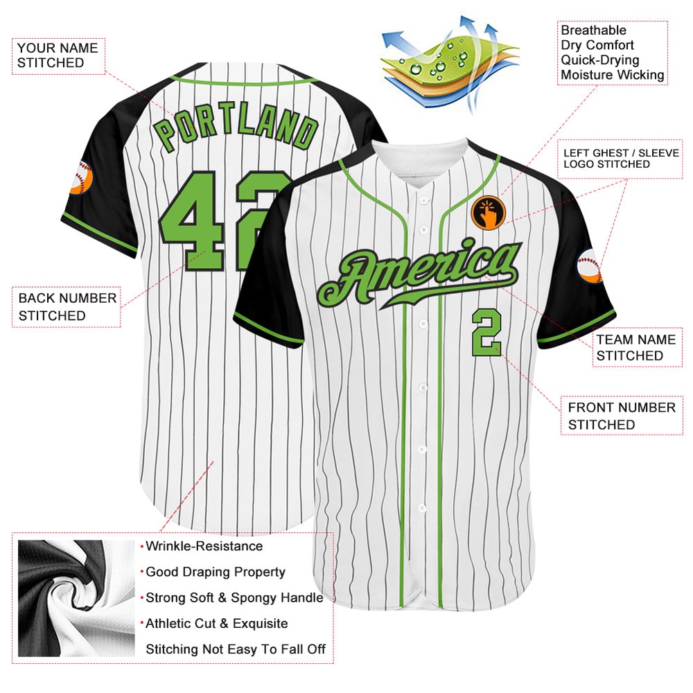 White Black Pinstripe Neon Green-Black Authentic Raglan Sleeves Baseball Jersey, Custom Baseball Jersey, Personalized Sport Jersey