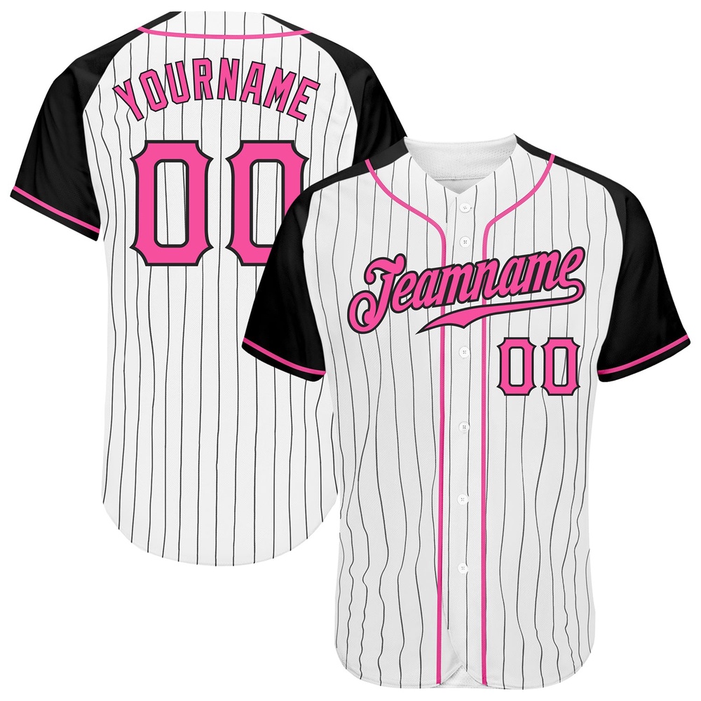 White Black Pinstripe Pink-Black Authentic Raglan Sleeves Baseball Jersey, Custom Baseball Jersey, Personalized Sport Jersey